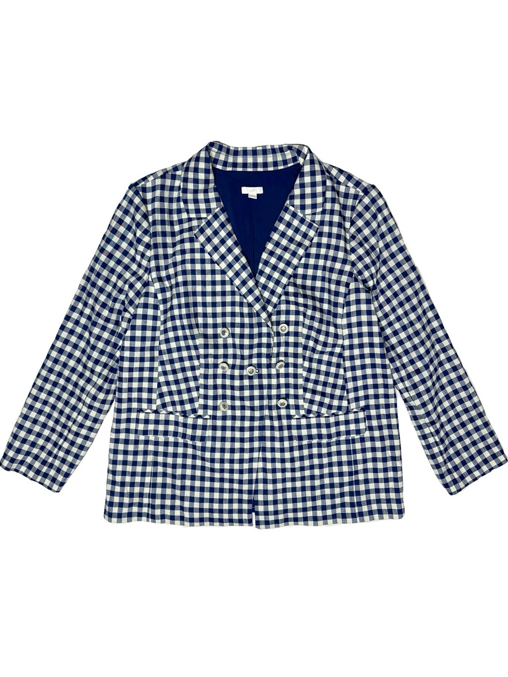 J. Jill Linen Gingham Plaid Blue White Blazer XL Preppy Resort Coastal
